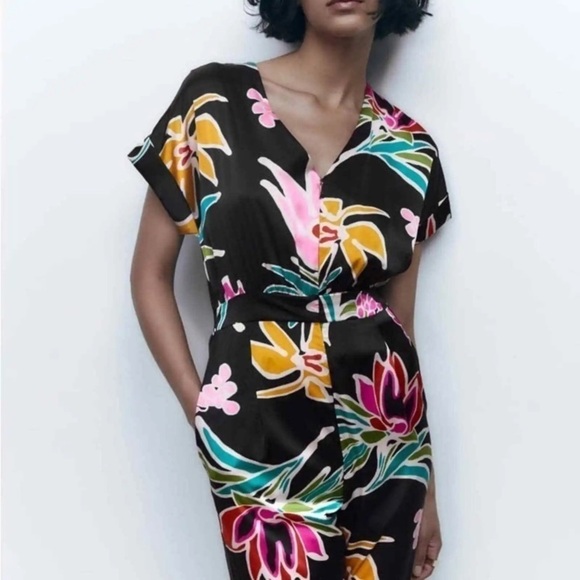Zara Satin Black Floral Pink Colorful Formal Short Sleeve Zipup Jumpsuit Office - Picture 3 of 16